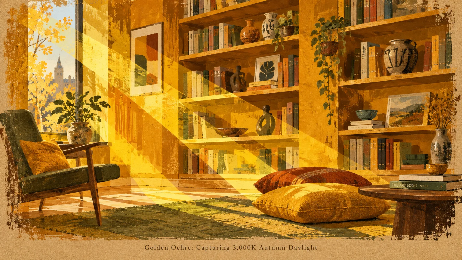 Illustration of a sunlit living room with golden yellow walls, wooden bookshelves, an armchair, and floor cushions.