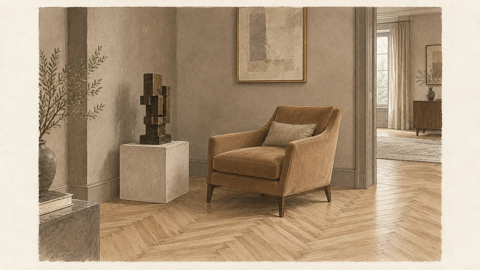 Illustration of a warm greige living room with herringbone wood floors, an armchair, sculpture, and doorway.