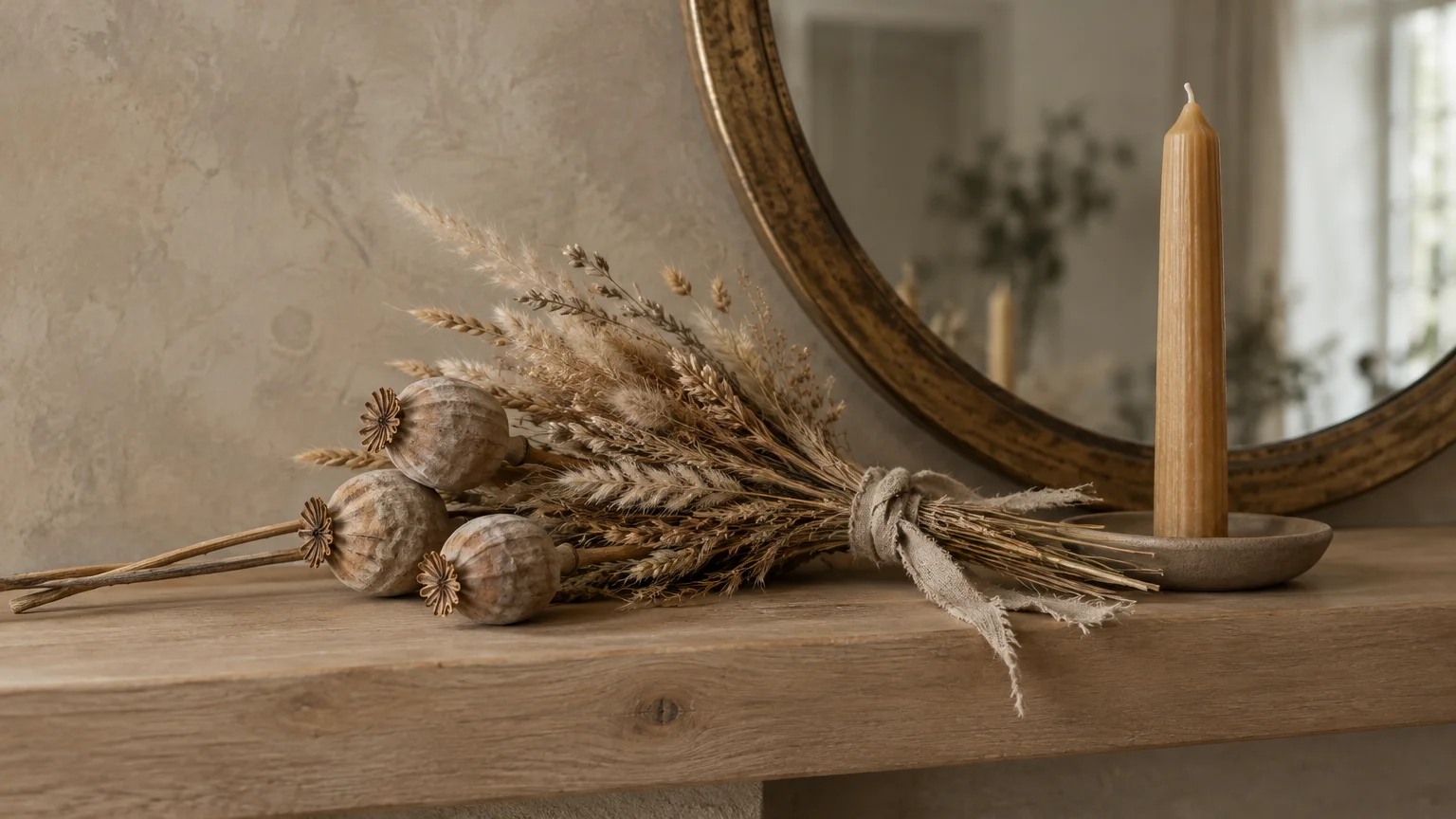 Dried botanical bundle tied with a linen ribbon beside a taper candle on a wooden mantelpiece before a round mirror.
