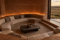 Sunken circular living room with curved sofa and earthen plaster walls opening toward a grassy field at sunset.