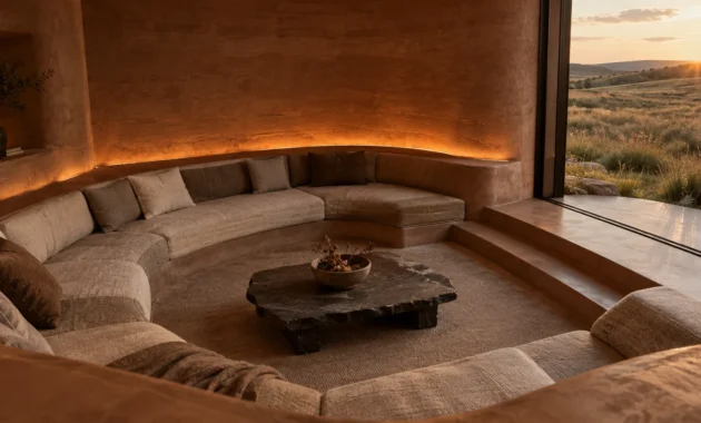 Sunken circular living room with curved sofa and earthen plaster walls opening toward a grassy field at sunset.