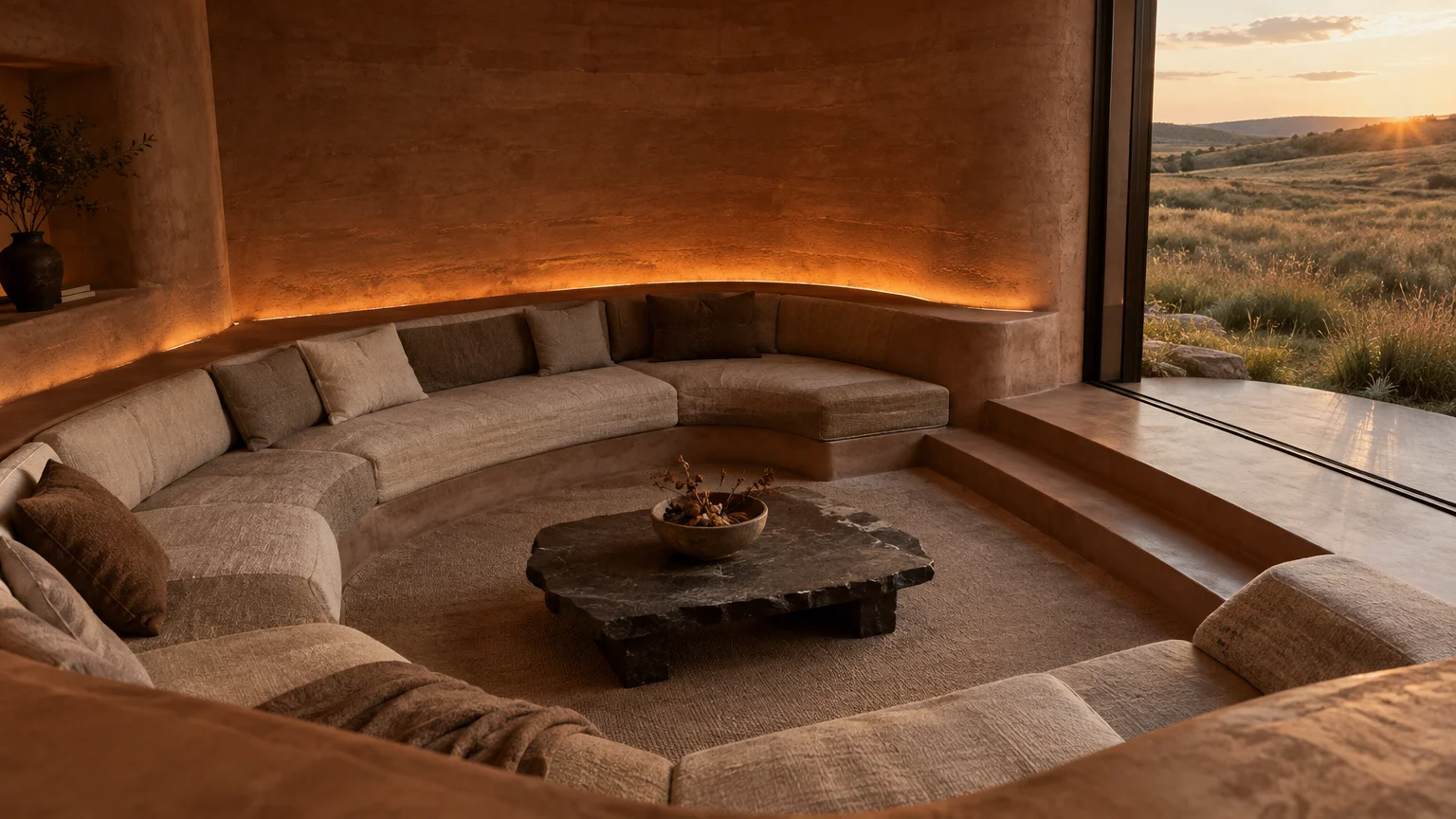 Sunken circular living room with curved sofa and earthen plaster walls opening toward a grassy field at sunset.