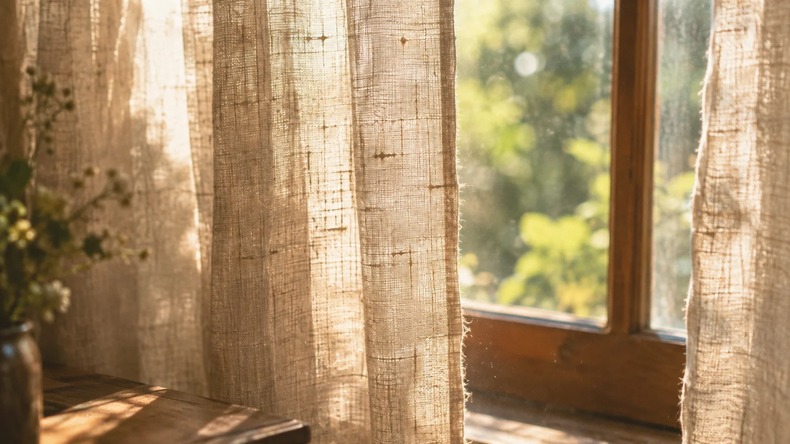 Sunlight streaming through textured, semi-sheer linen curtains hanging beside a wooden window frame.