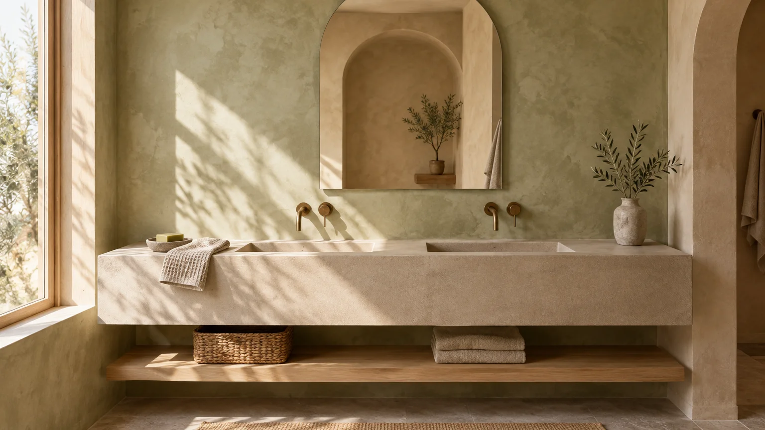 Double stone vanity with wall-mounted brass faucets against pale green lime plaster walls and an arched mirror.