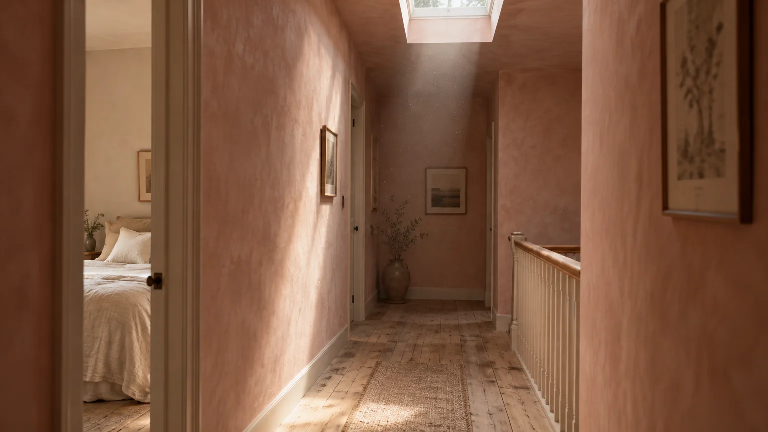Hallway with textured blush plaster walls, wood flooring, skylight casting sunlight, and view into an adjacent bedroom.
