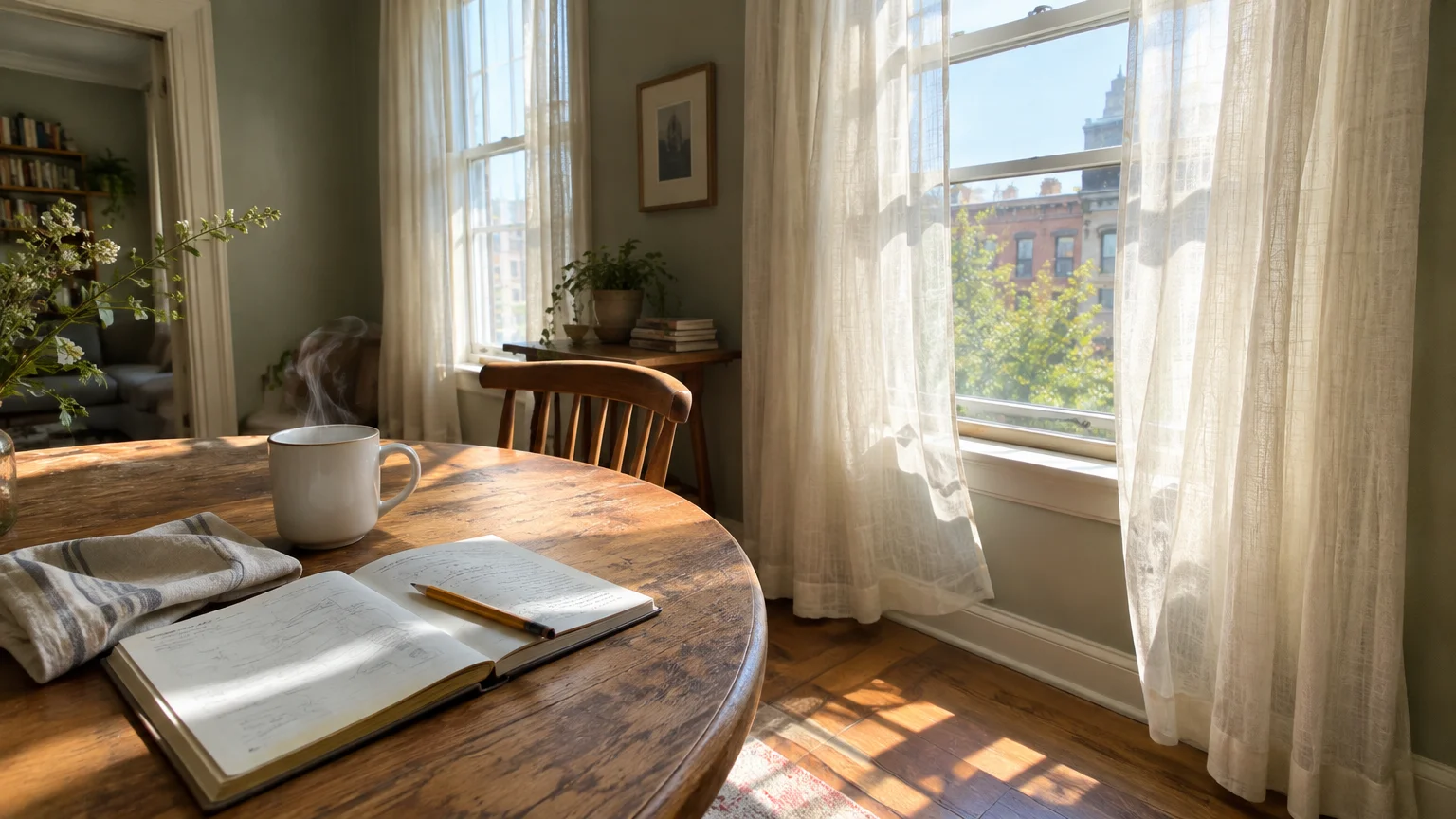 Sunlight streams through sheer white curtains onto a round wooden table set with an open notebook and steaming mug.