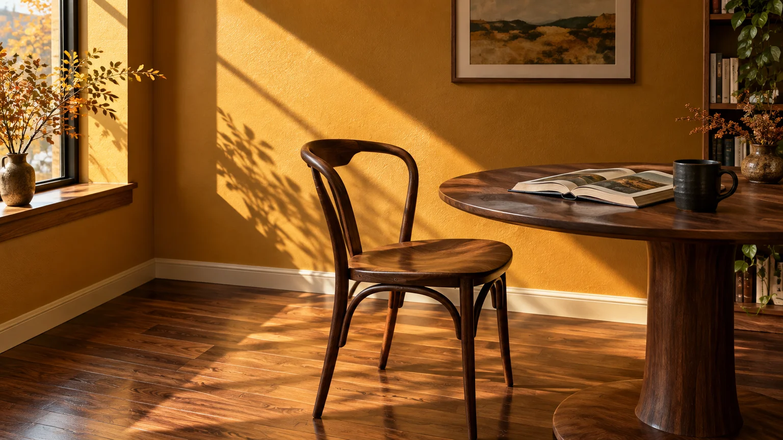Dark wood dining chair and round table on polished hardwood floors against a warm golden-ochre painted wall in sunlight.