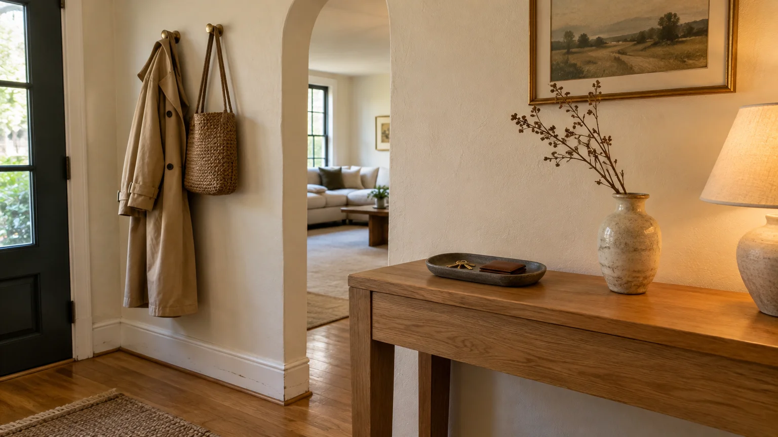 Wooden entryway console table with a tray, vase, and lamp beside an arched hallway leading to a living room.