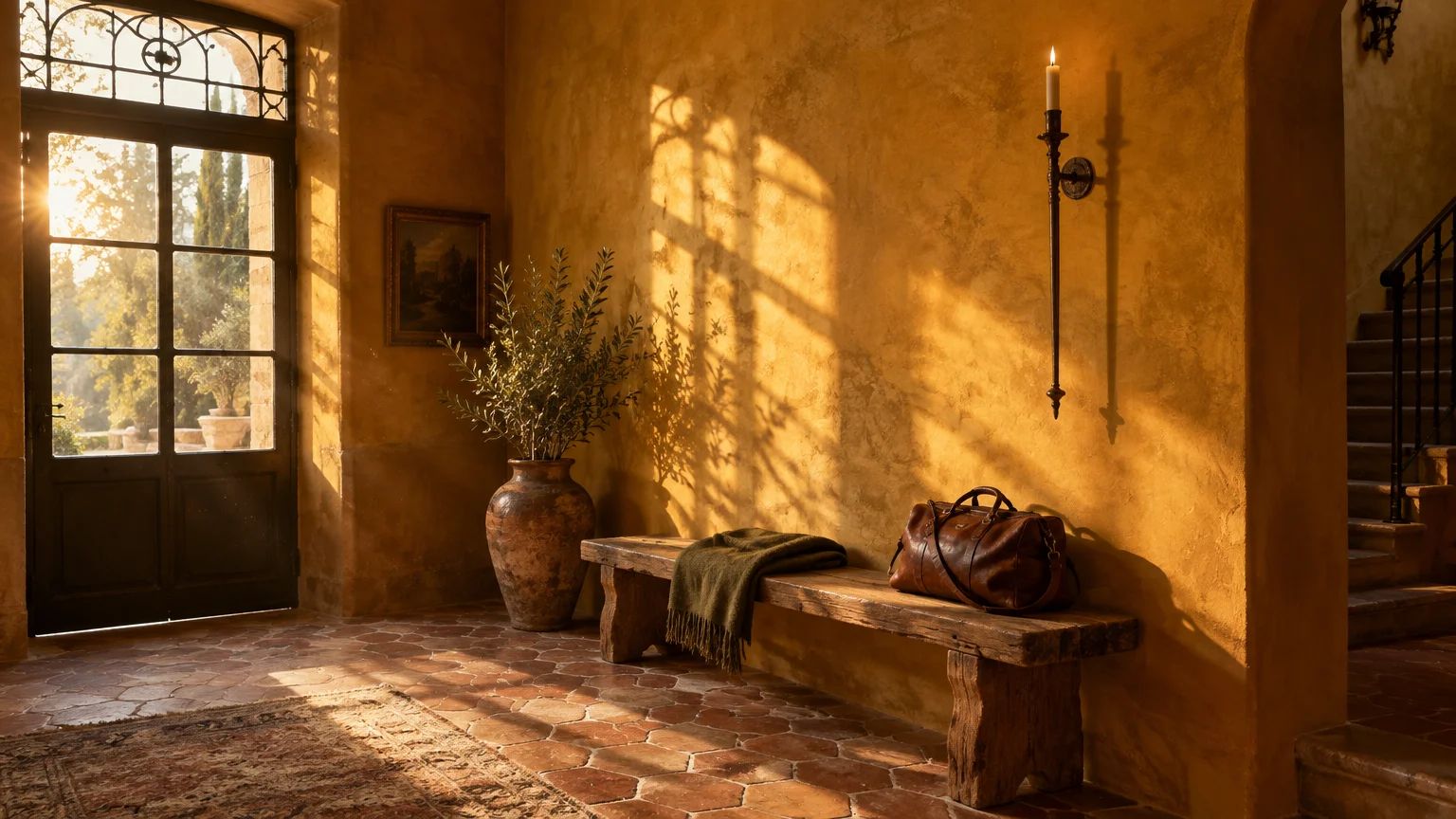 Sunlit villa entryway with textured yellow ochre walls, terracotta tiled floors, a rustic wooden bench, and an urn.