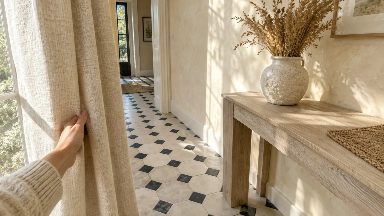 Hallway with black and cream geometric floor tiles, cream walls in sunlight, wooden console table, and a hand holding linen curtains.