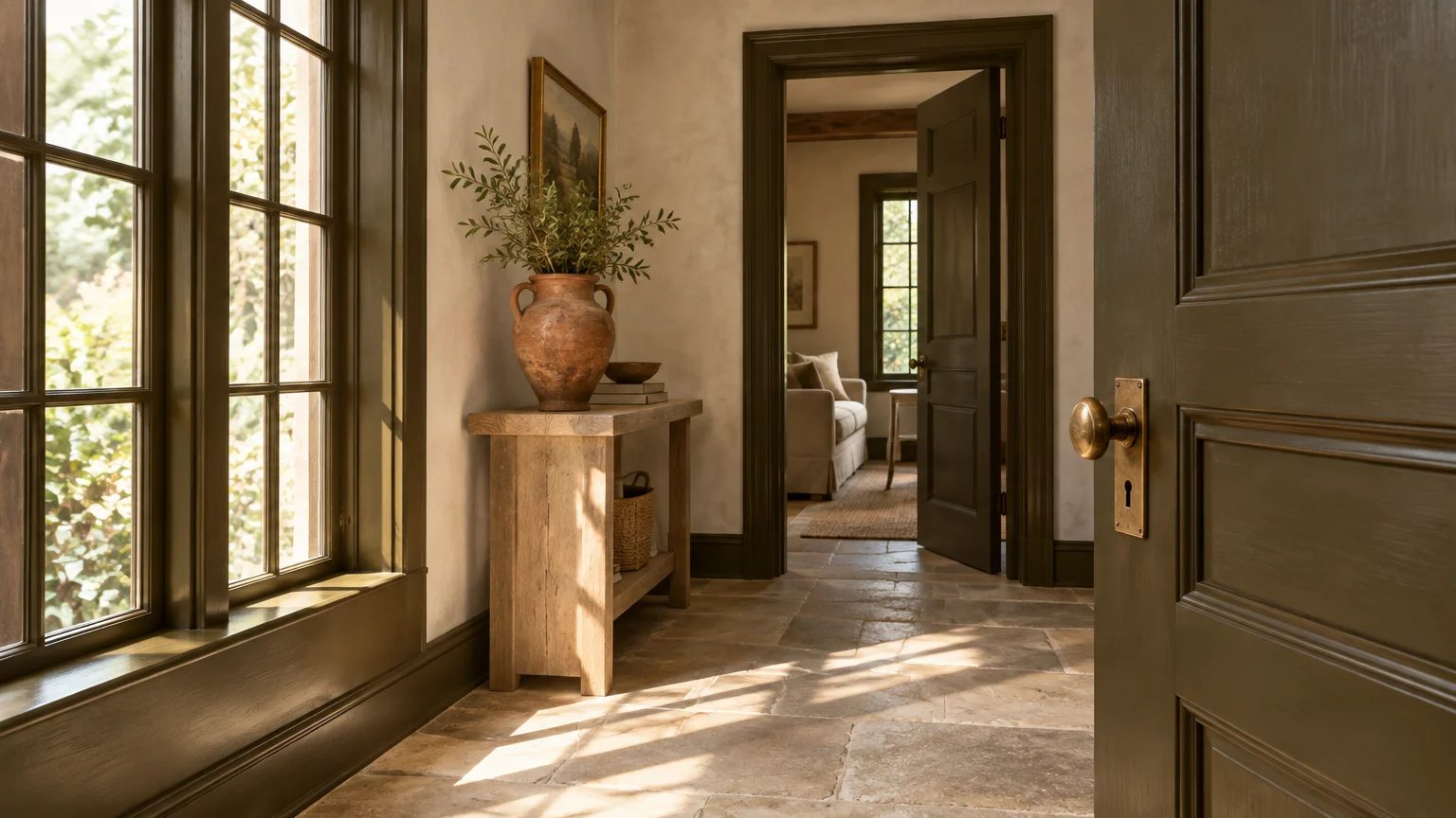 Hallway with stone tile floors, light plaster walls, and doors, baseboards, and window trim painted deep olive brown.