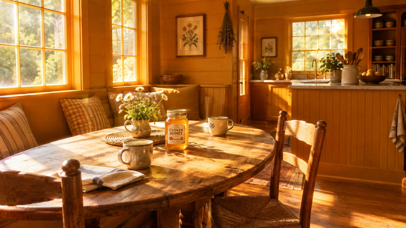 Sunlight streams onto a round wooden breakfast table with a jar of clover honey, mugs, and warm yellow walls.