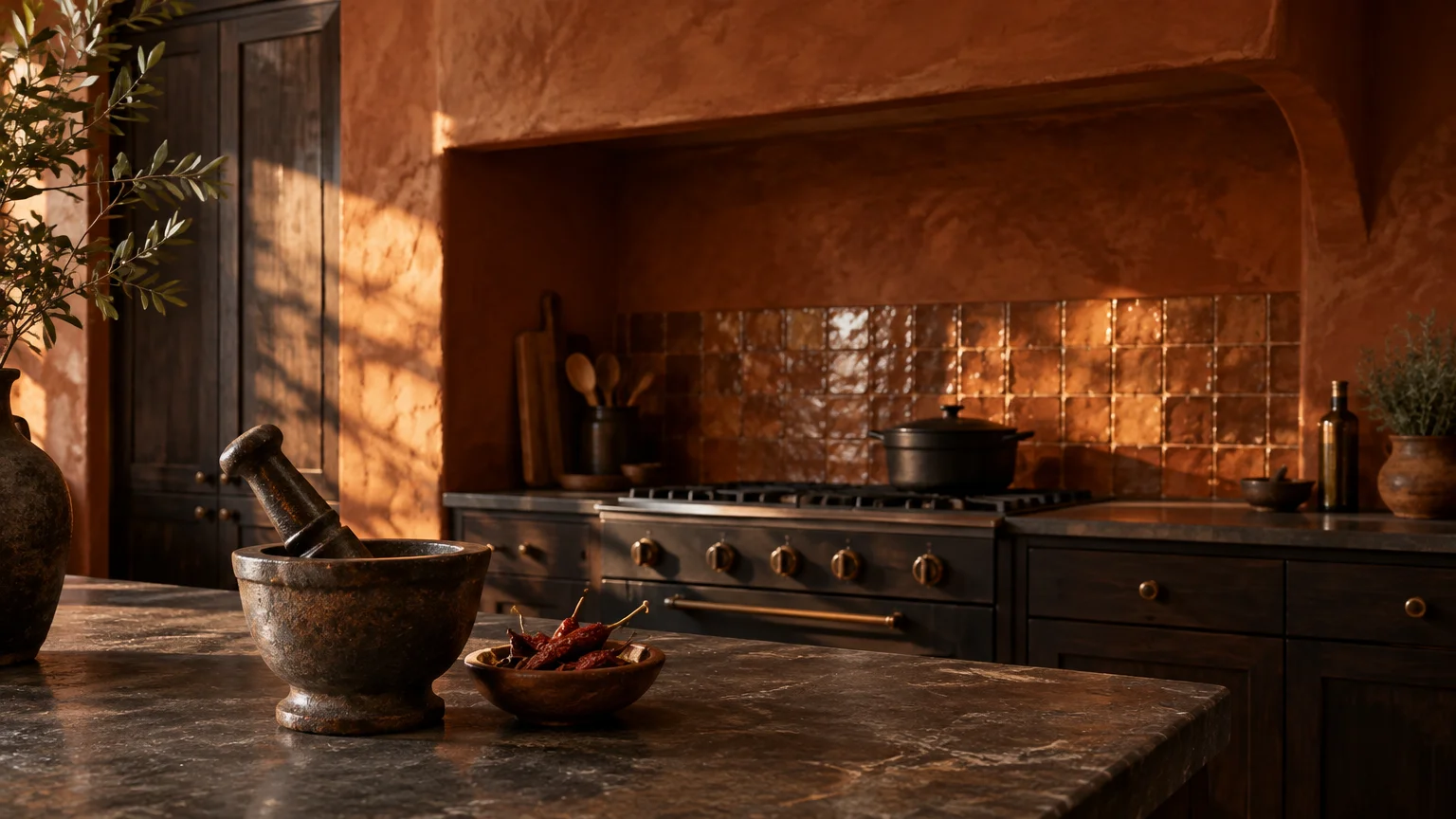 Kitchen island with stone mortar and pestle before dark cabinets, glossy clay backsplash, and textured terracotta walls.