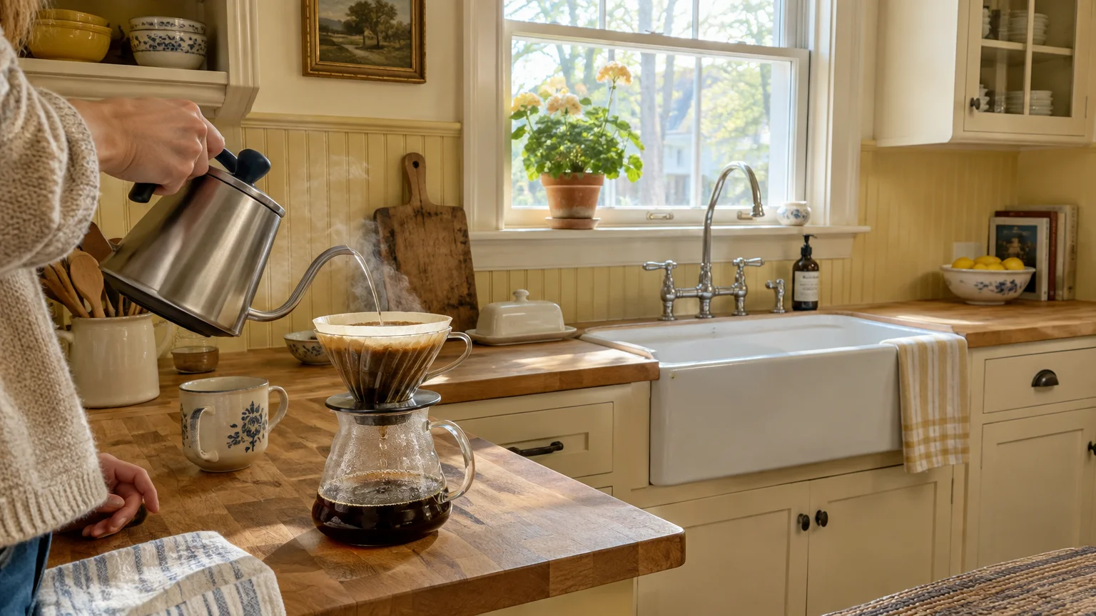 Person pouring hot water into a pour-over coffee filter on a butcher-block counter in a soft yellow kitchen.