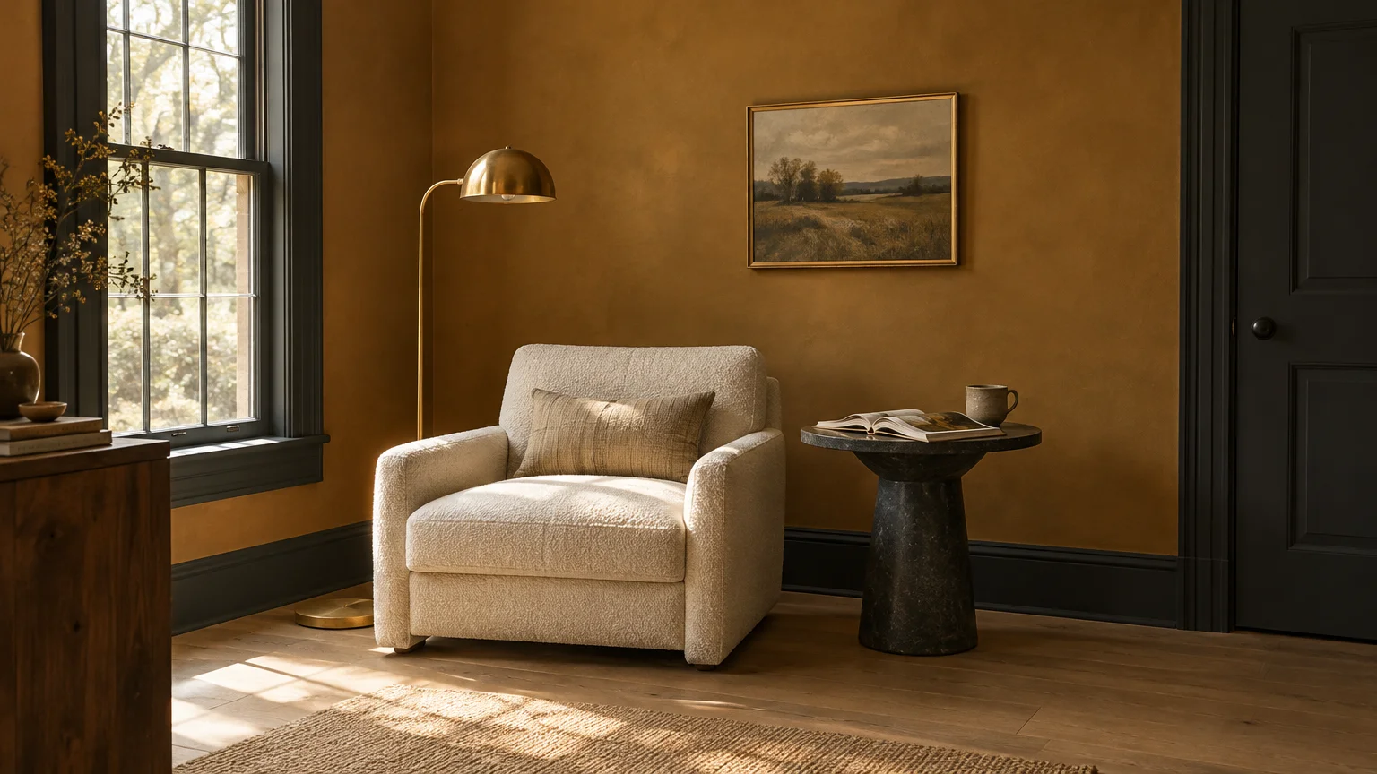 Cozy reading nook featuring an ochre accent wall, white bouclé armchair, brass floor lamp, and framed landscape painting.