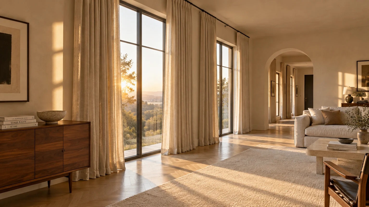 Sunlit living room with floor-to-ceiling windows, neutral full-length curtains, herringbone wood floors, and a sofa.