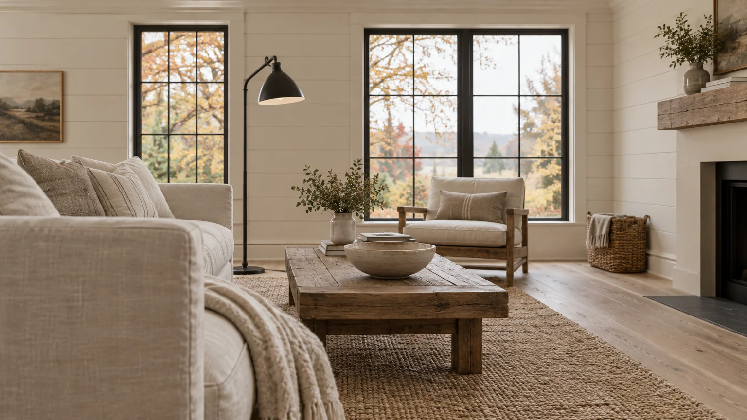 Living room with cream shiplap walls, black-trimmed windows, a rustic wood coffee table, neutral sofa, and fireplace.