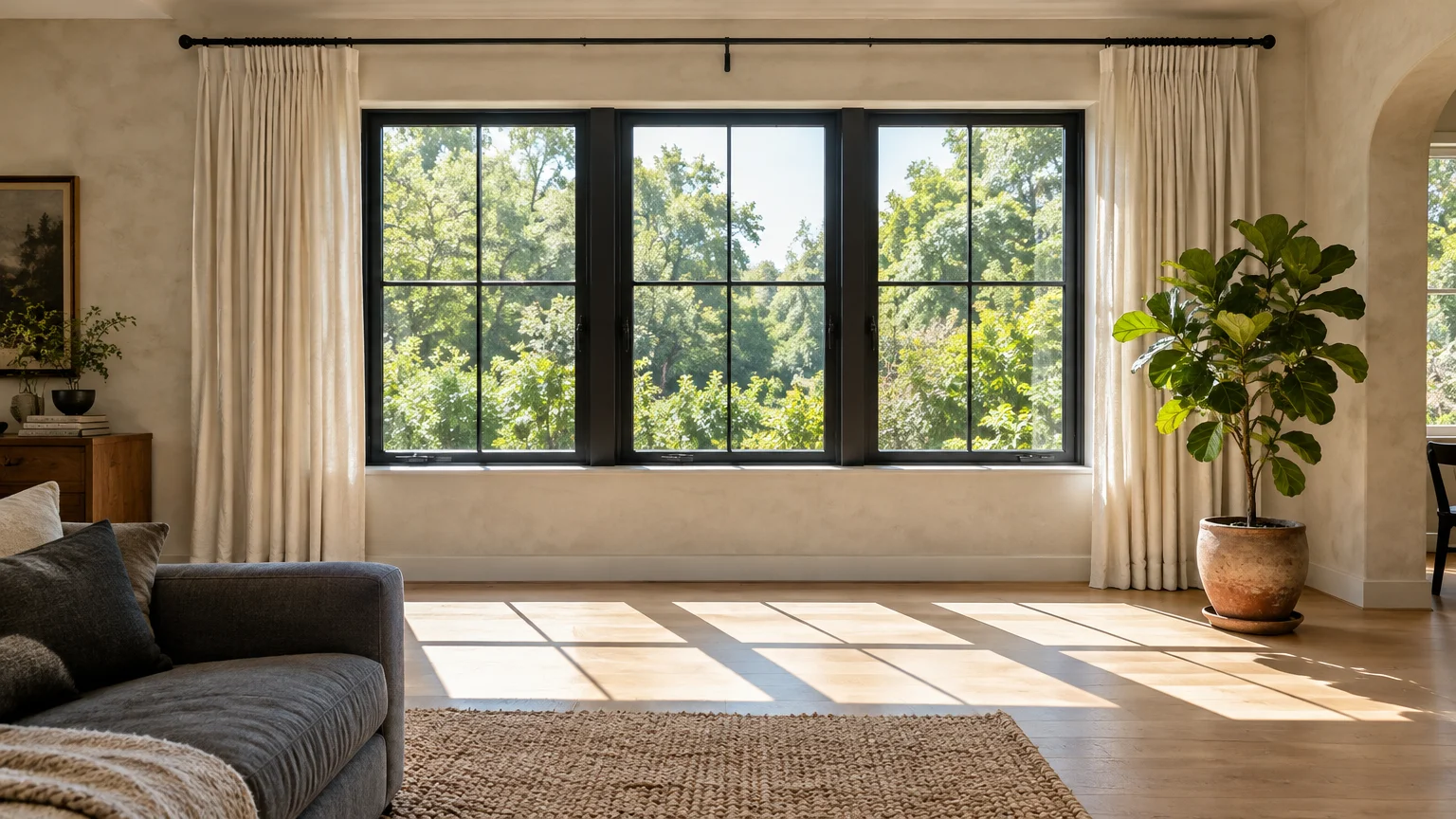 Black-framed windows flanked by white curtains on an extended dark rod in a bright living room.