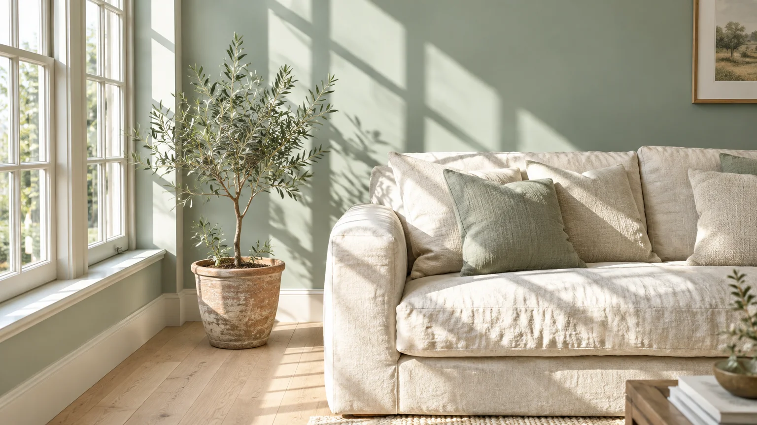 Sunlight streams over a cream linen sofa with green pillows next to a potted olive tree against pale green walls.