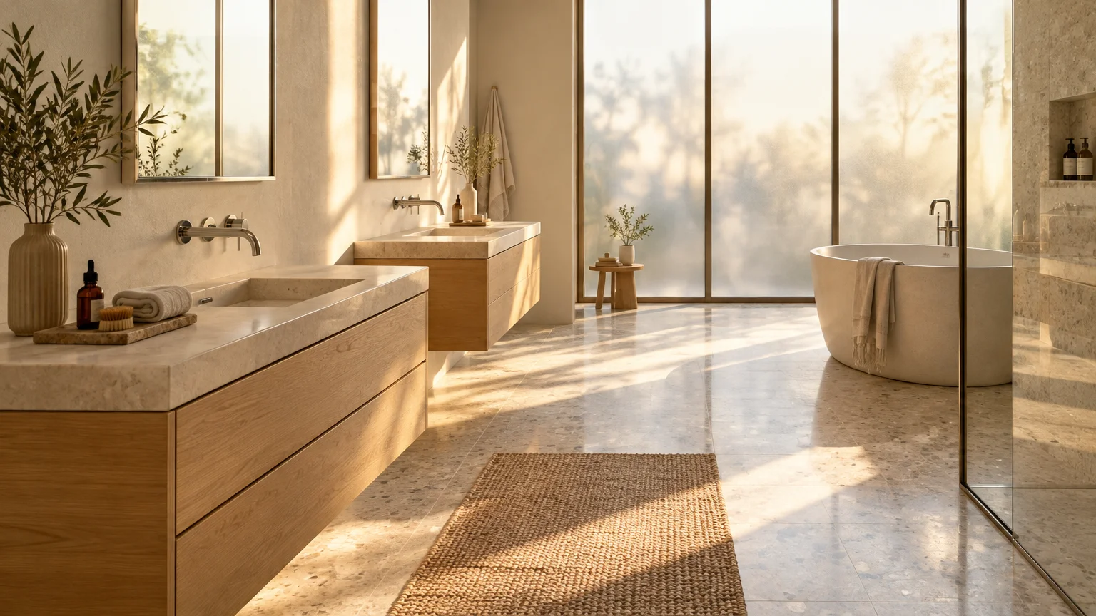 Sunlit modern bathroom with double wood vanities, marble sinks, freestanding tub, and large frosted windows.