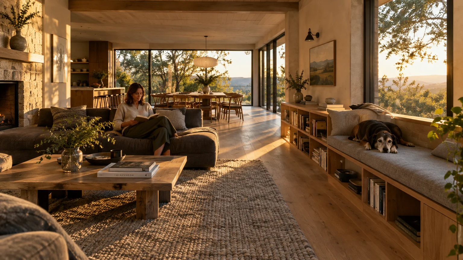 A woman reads on a living room sofa while a dog rests on a built-in window bench bathed in warm sunset light.