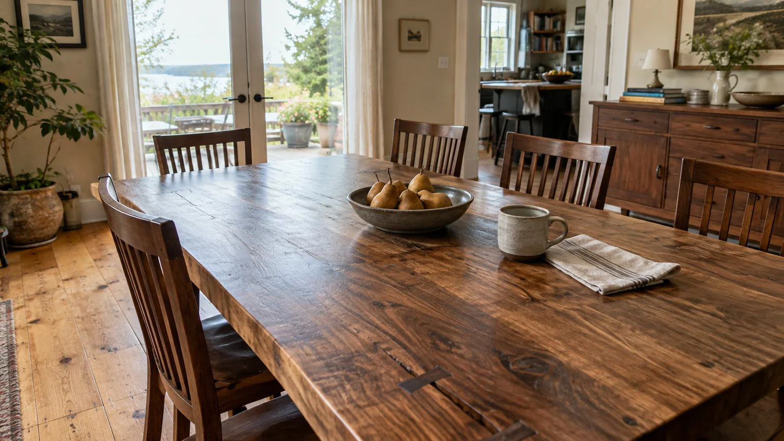 Rustic wooden dining table with chairs, a bowl of pears, and a ceramic mug near French doors overlooking a patio.