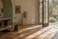 Rustic room with terracotta tile floor, wooden dining table, green arched accent wall, and open French doors to a garden.