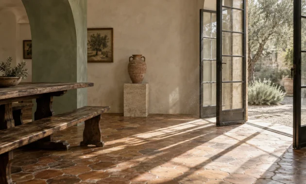 Rustic room with terracotta tile floor, wooden dining table, green arched accent wall, and open French doors to a garden.