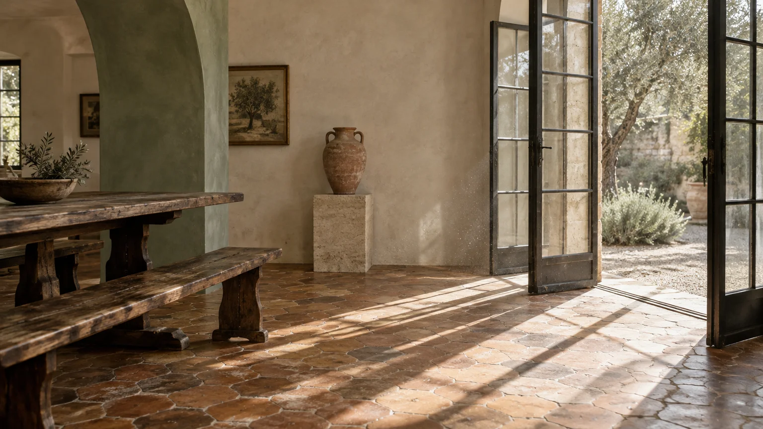 Rustic room with terracotta tile floor, wooden dining table, green arched accent wall, and open French doors to a garden.