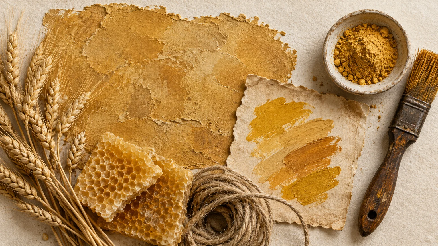 Ochre paint swatches on textured paper with wheat stalks, honeycomb, jute twine, pigment powder, and a vintage brush.