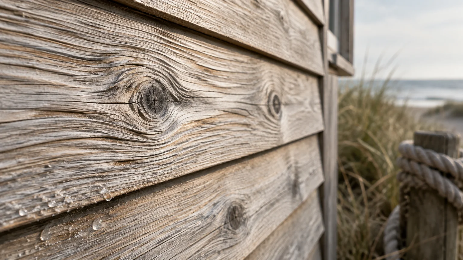 Close-up of weathered wooden clapboard siding with prominent knots, beside beach grass and a rope-wrapped post.