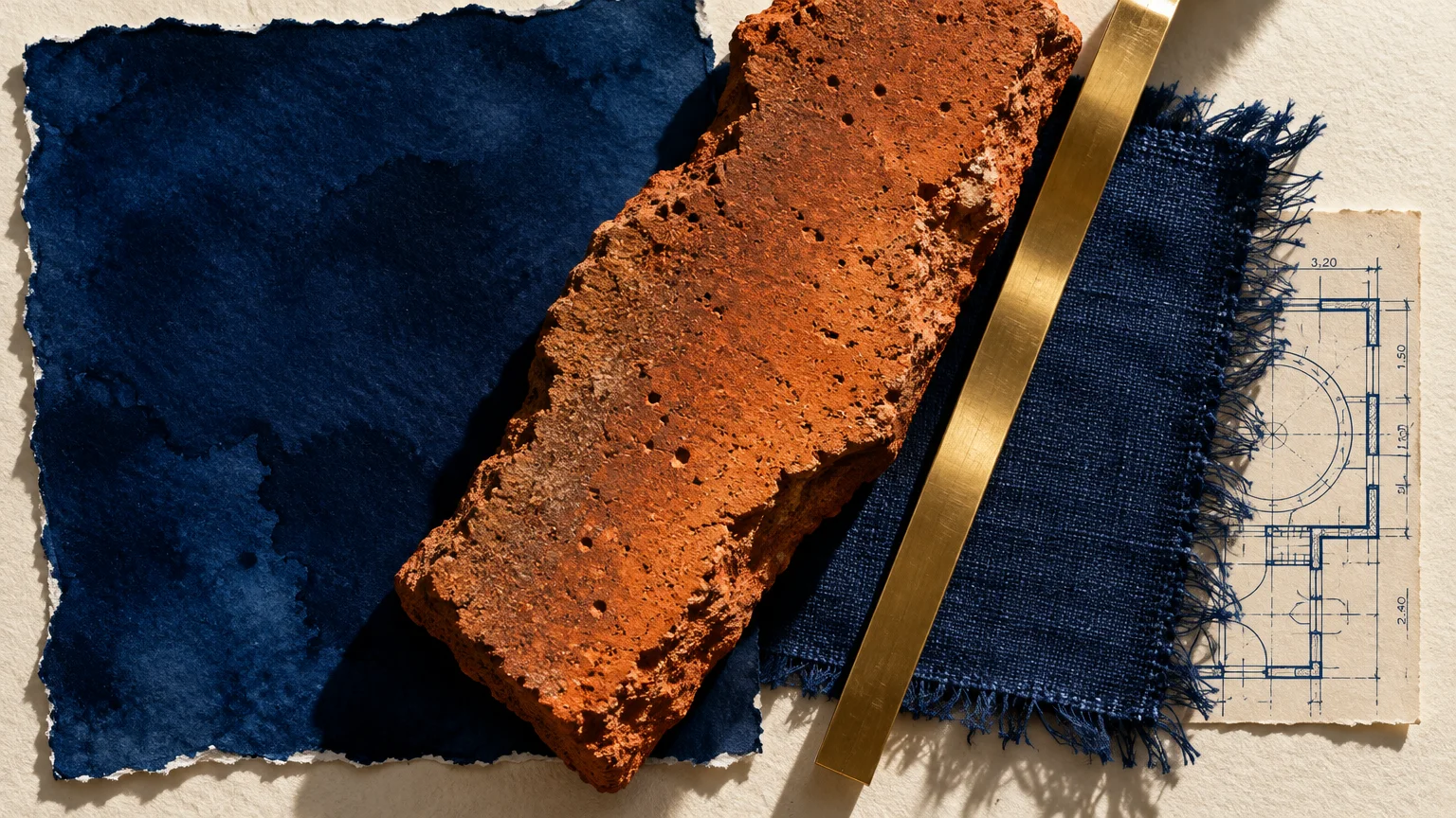 A terracotta brick, gold metal ruler, architectural blueprint, dark blue fabric swatch, and indigo paper sample.