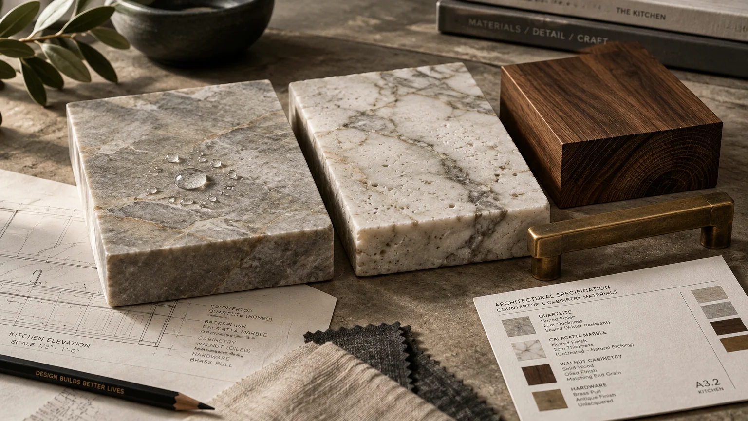 Material samples including quartzite with water droplets, porous marble, walnut block, brass pull, and architectural plans.