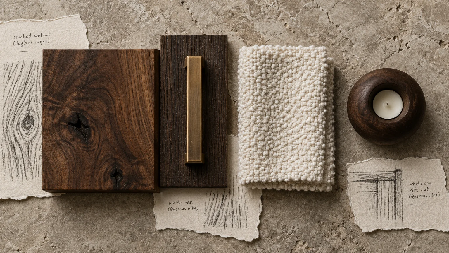 Mood board flat lay with dark timber samples, brass hardware, textured cream fabric, sketches, and a wooden tea light holder.