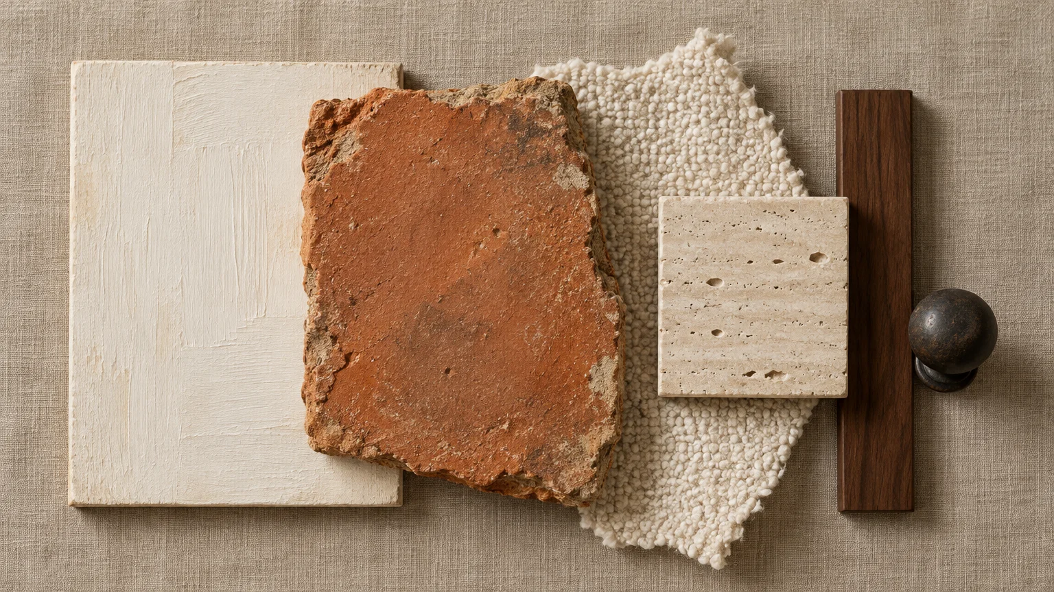 Mood board flat lay featuring a rough terracotta slab, creamy painted board, textured boucle fabric, stone tile, and wood.