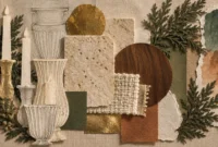 Mixed media collage of paper candle cutouts, sketched urns, travertine stone, fabric swatches, wood, and cedar branches.