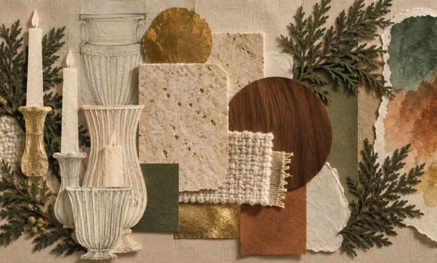 Mixed media collage of paper candle cutouts, sketched urns, travertine stone, fabric swatches, wood, and cedar branches.