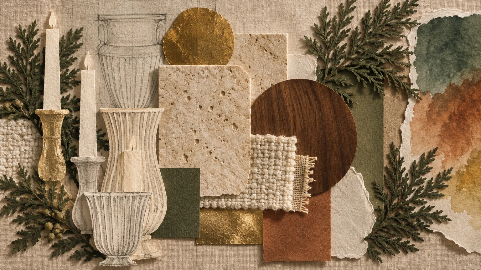 Mixed media collage of paper candle cutouts, sketched urns, travertine stone, fabric swatches, wood, and cedar branches.