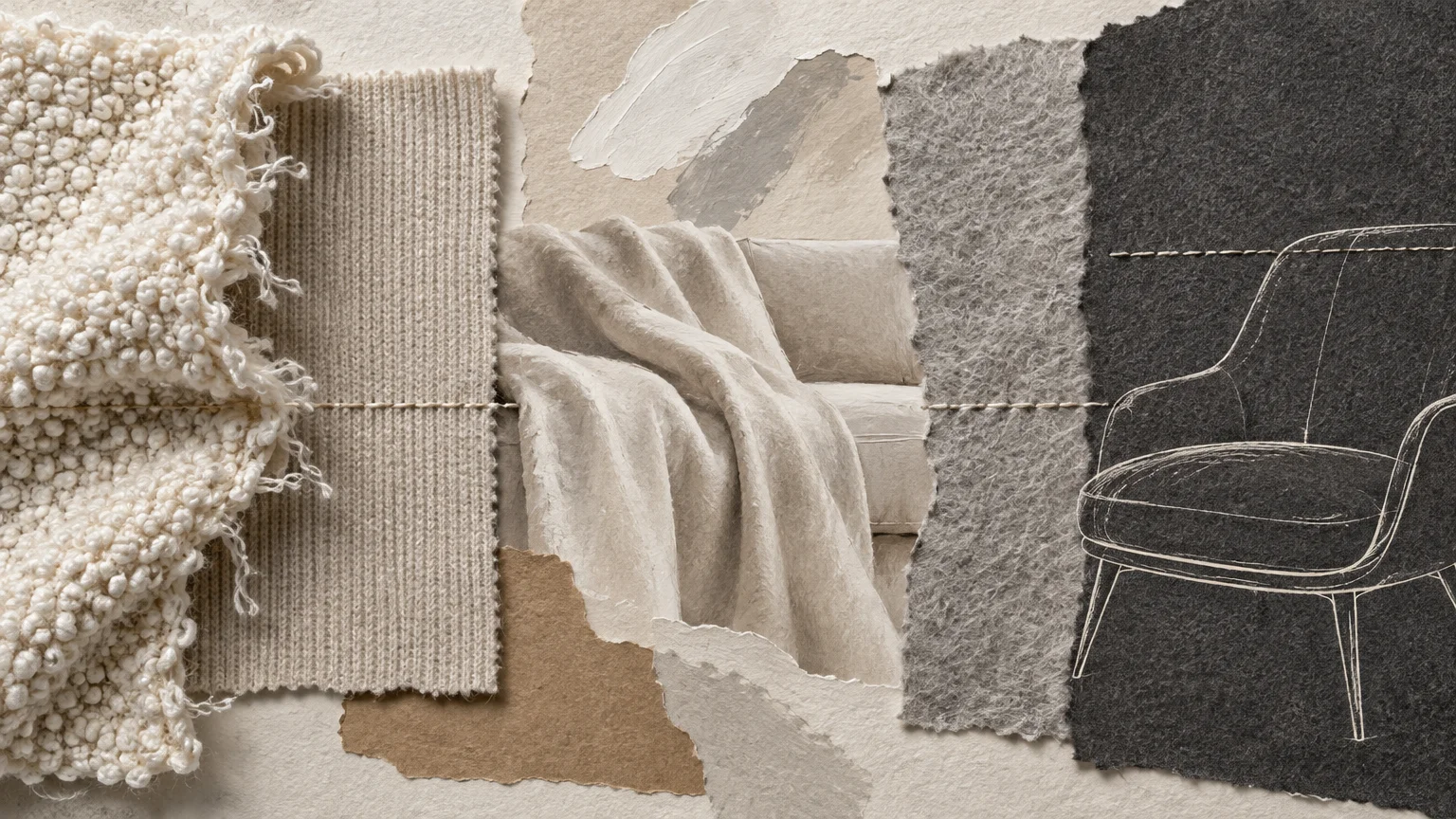 Mixed-media collage of textured neutral fabric swatches, torn paper, a draped sofa photo, and an armchair sketch.