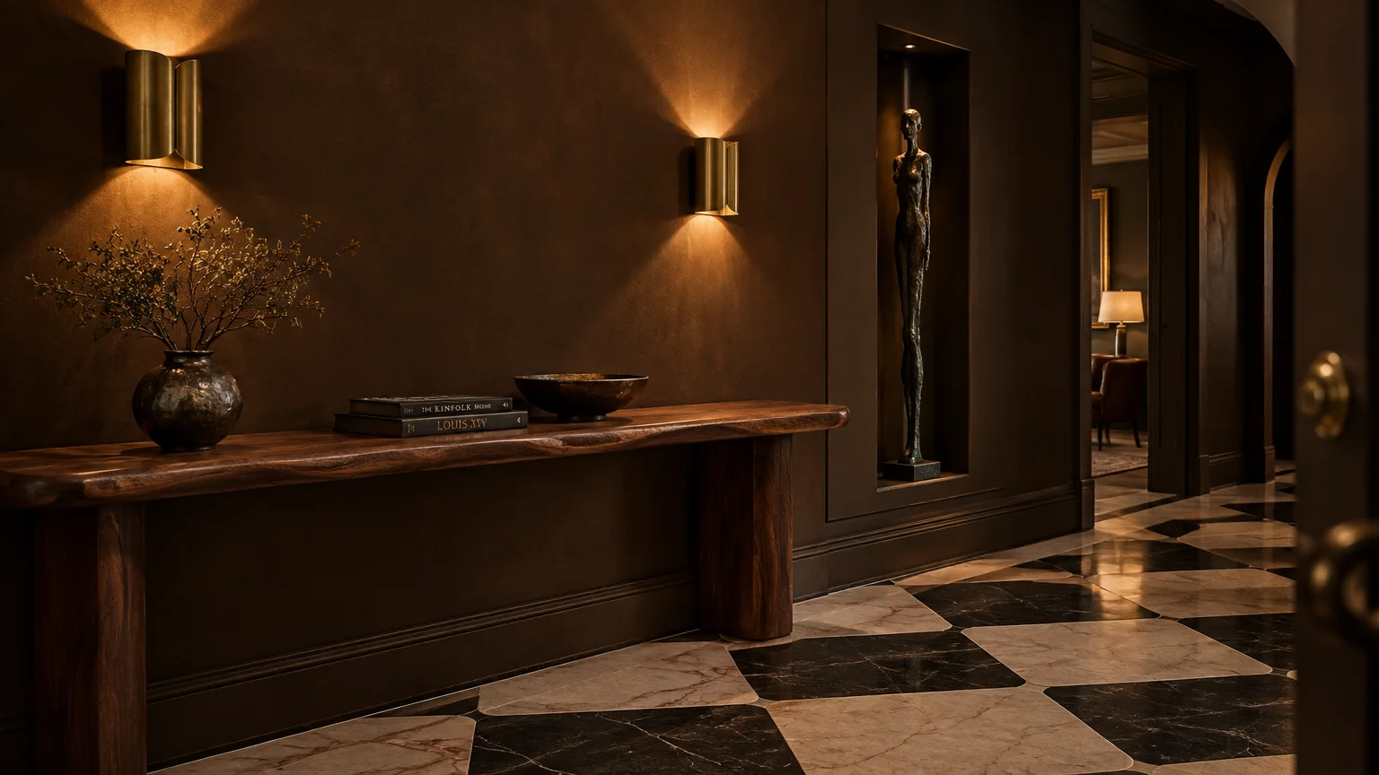 Hallway with dark brown walls, glowing brass sconces, a wood console table, and patterned marble floor tiles.