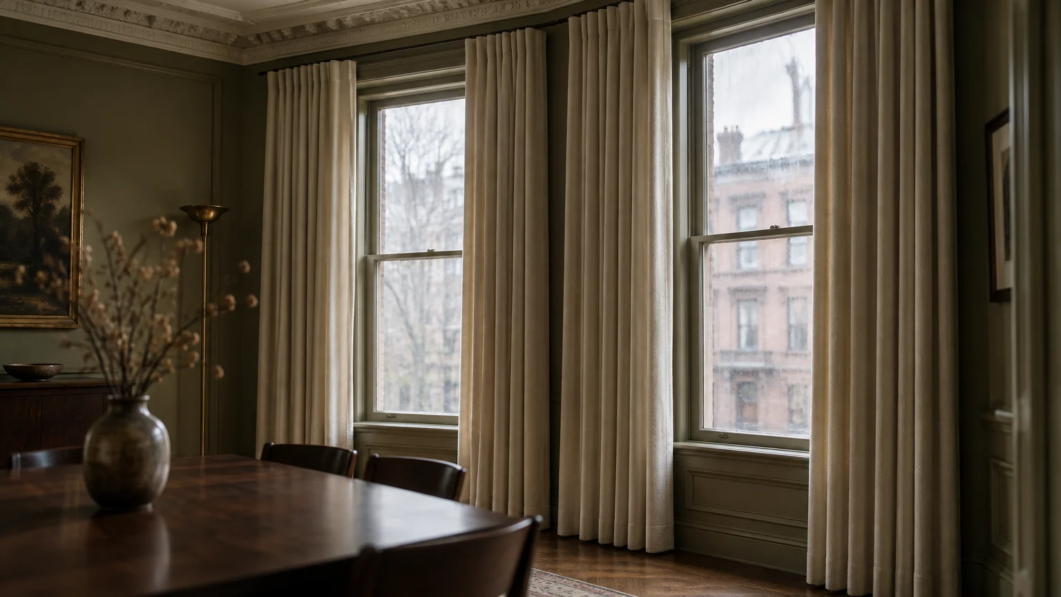 Floor-length pleated beige curtains hanging straight along two large windows in an olive-green dining room.