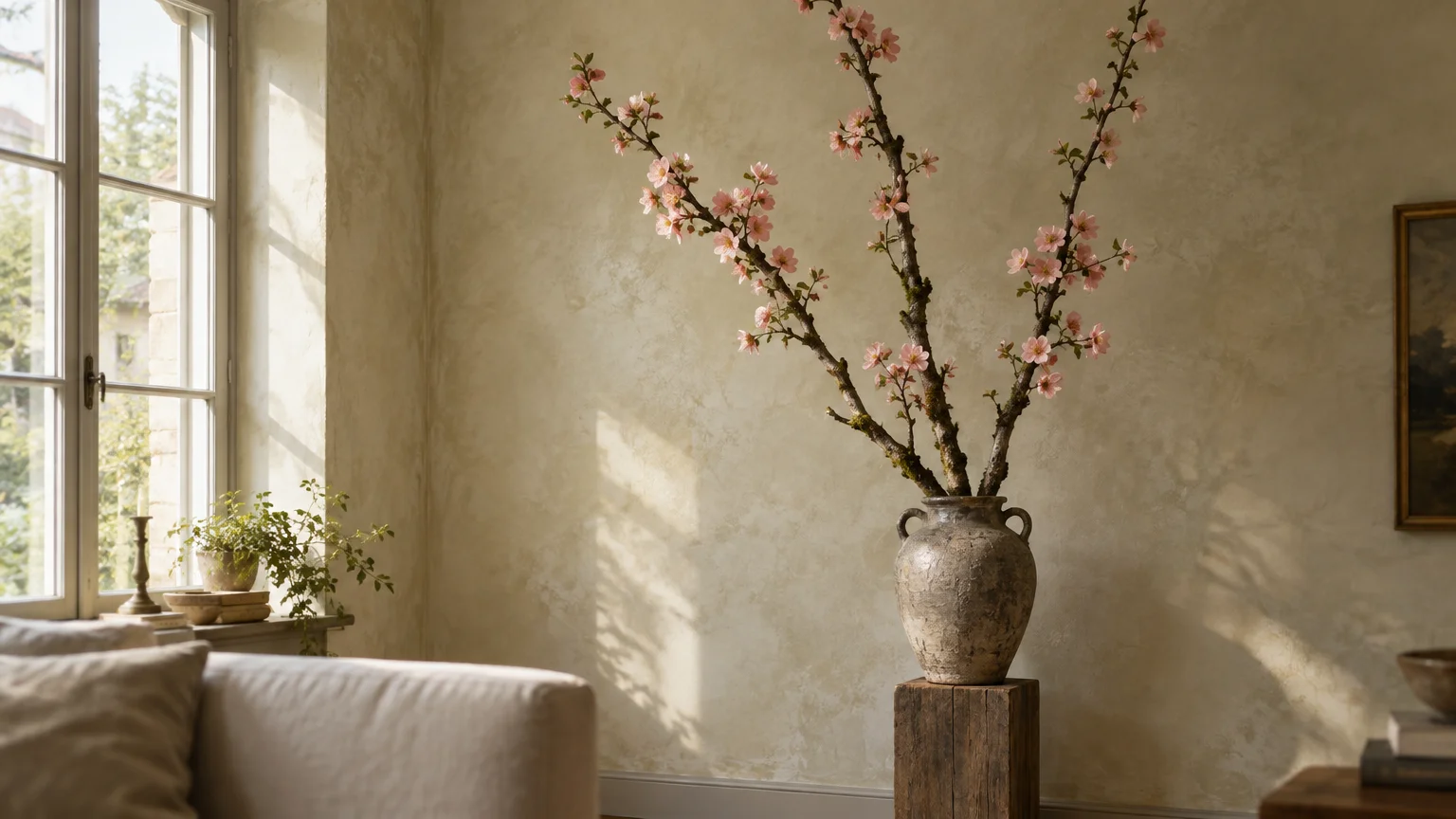 Tall flowering branches in a rustic earthenware urn on a wooden plinth next to a sunlit window.