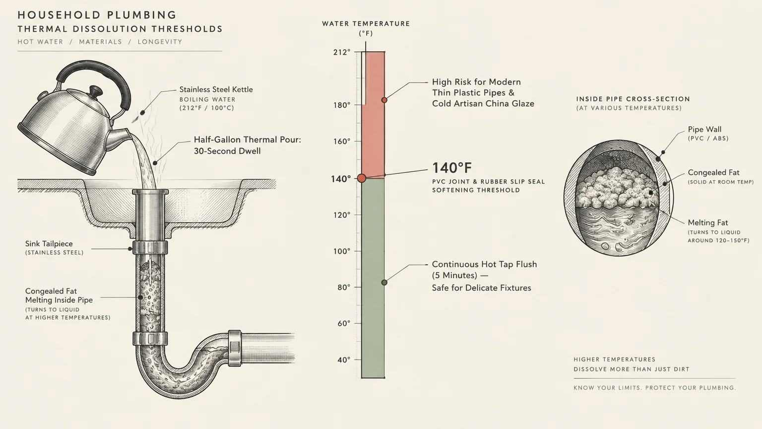 Diagram of hot water poured into a sink drain beside a temperature gauge and pipe cross-section showing melting fat.