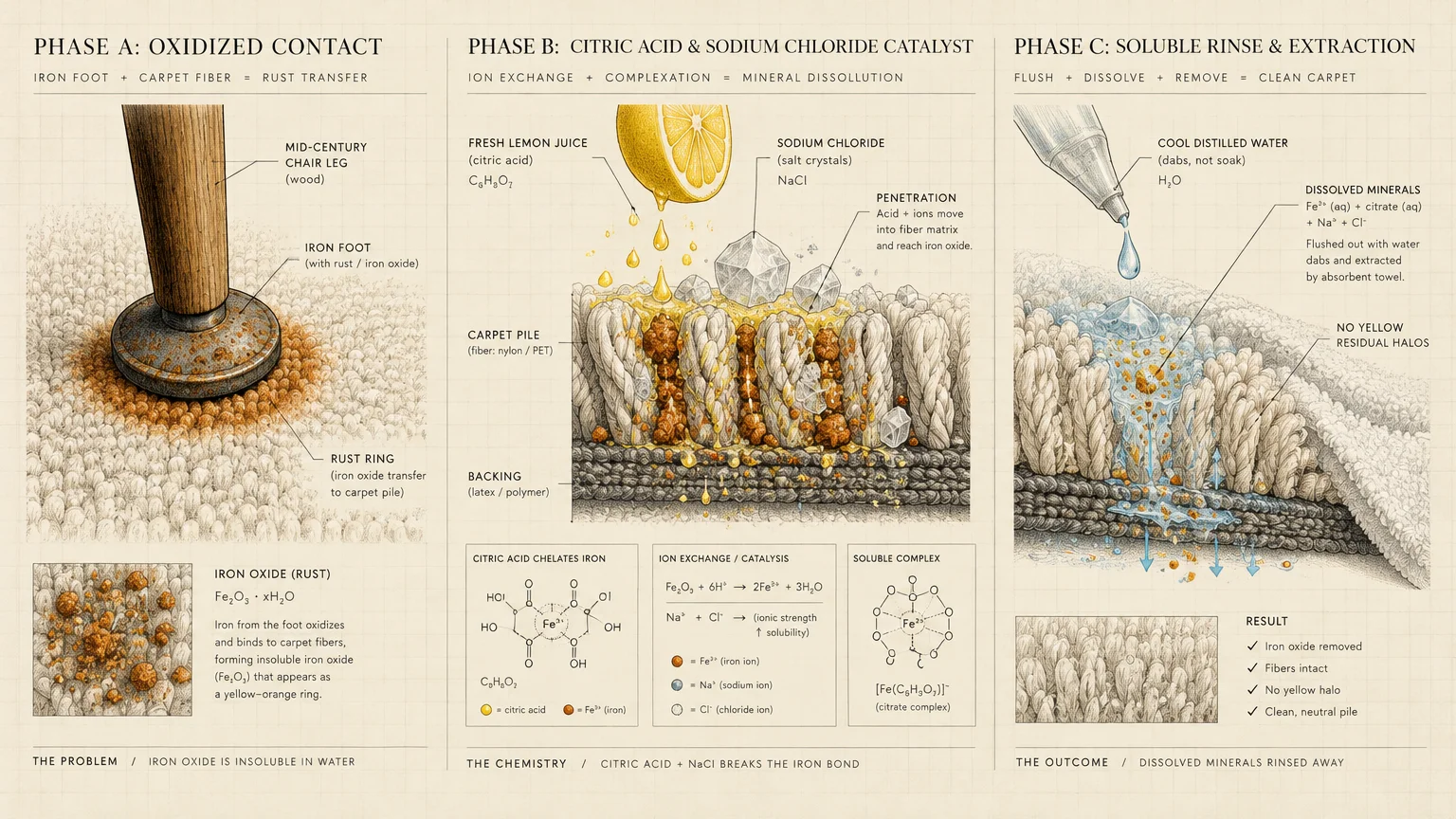 Three-phase scientific diagram showing rust forming under a chair leg, lemon juice and salt applied, and water extraction.