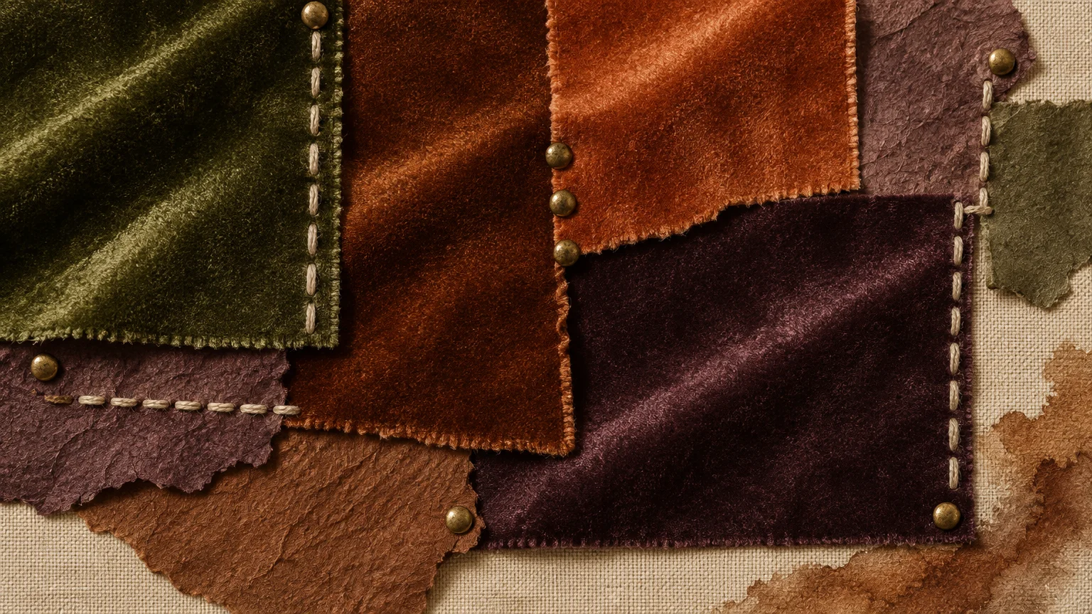 Mixed media collage featuring textured velvet fabric swatches in green, brown, amber, and purple pinned onto canvas.