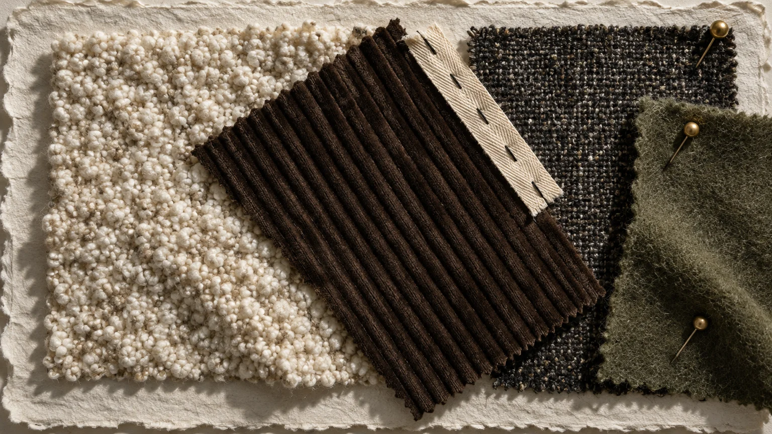 Fabric swatches of cream bouclé, brown ribbed corduroy, dark tweed, and green wool pinned to handmade paper.
