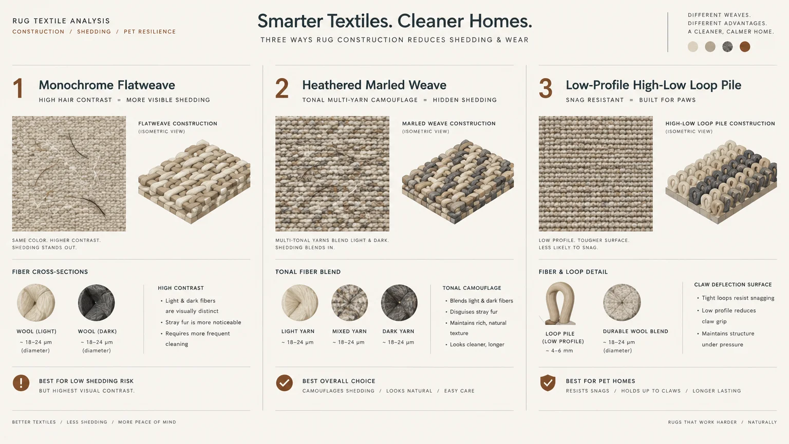 Diagram comparing monochrome flatweave, heathered marled weave, and low-profile loop pile rug textiles for pet owners.