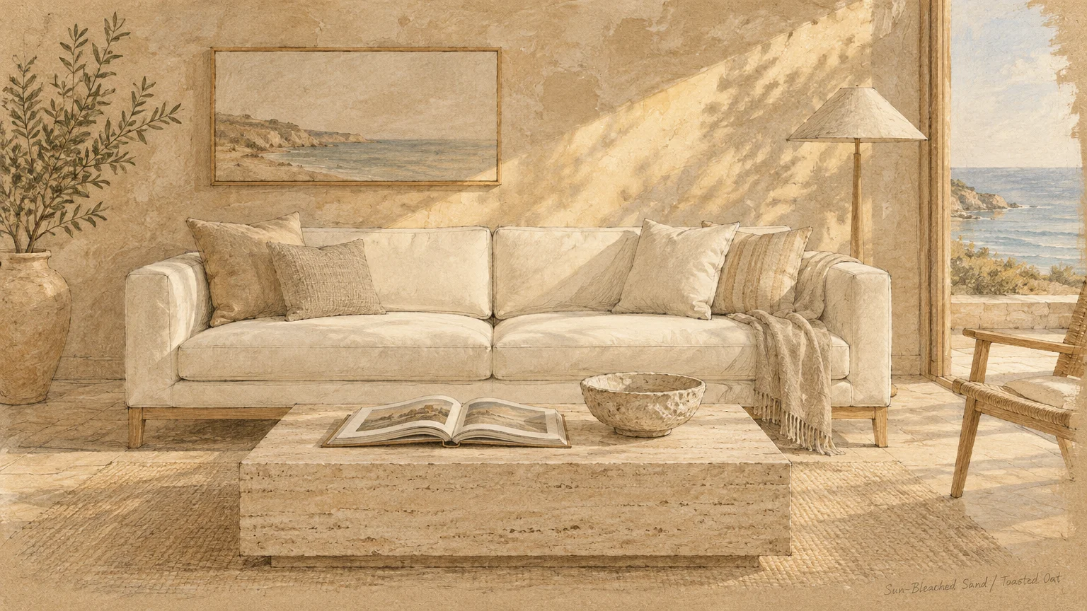 Illustration of a cream sofa and travertine table in a warm, sand-toned living room overlooking the sea.