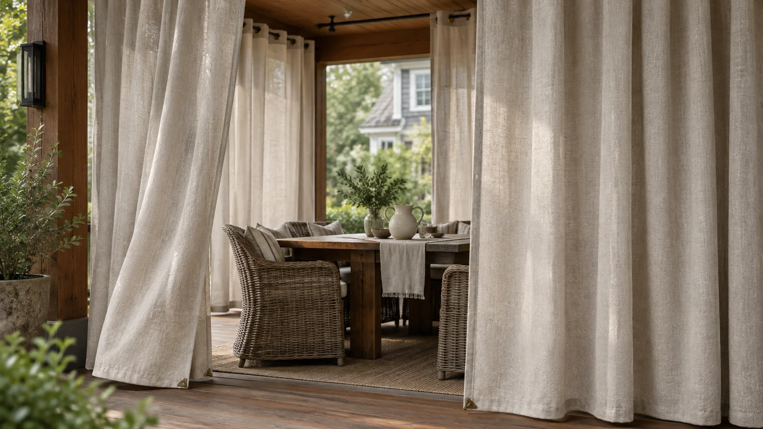 Linen outdoor curtains framing a covered wooden porch with wicker armchairs around a rustic dining table.