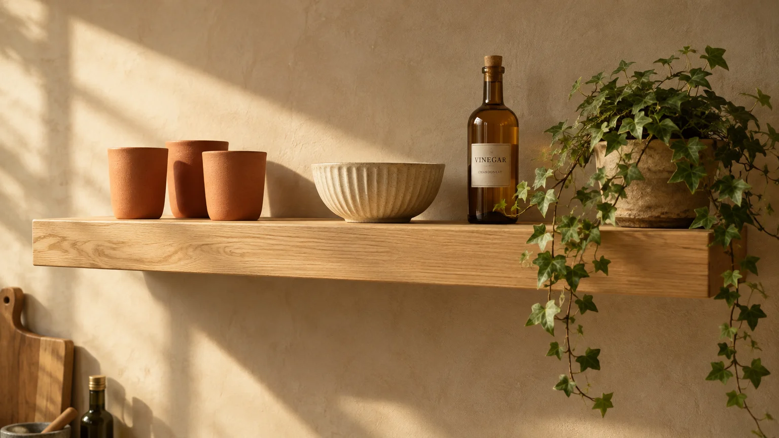Thick light-wood floating shelf holding terracotta cups, a fluted ceramic bowl, vinegar bottle, and trailing potted ivy.